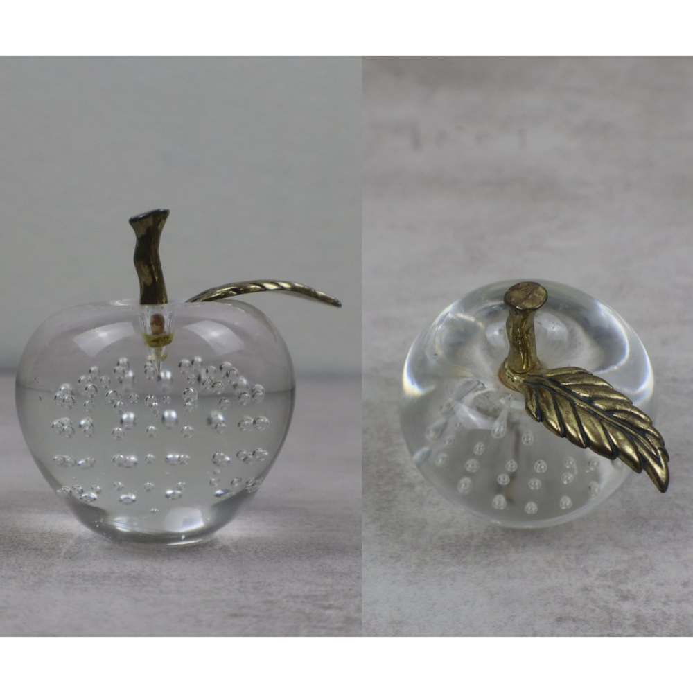 R.O.C. Hand Blown Art Glass Clear Bullicante Apple Paperweight with Brass Stem - Picture 1 of 6